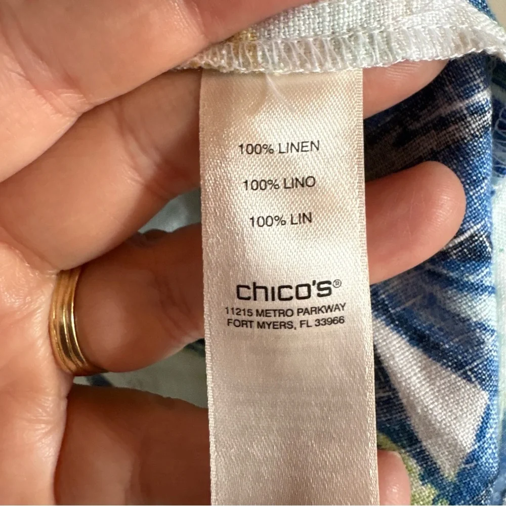 Chico’s Tropical Garden Linen Open Drape Front Jacket Women’s Sz Medium Blue